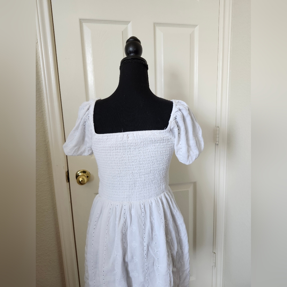 American Eagle White Smocked Puff Sleeve Embroidered Mini Dress M - Picture 3 of 15